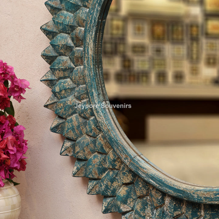 Hand-Carved Round Wooden Wall Mirror with Distressed Blue Finish