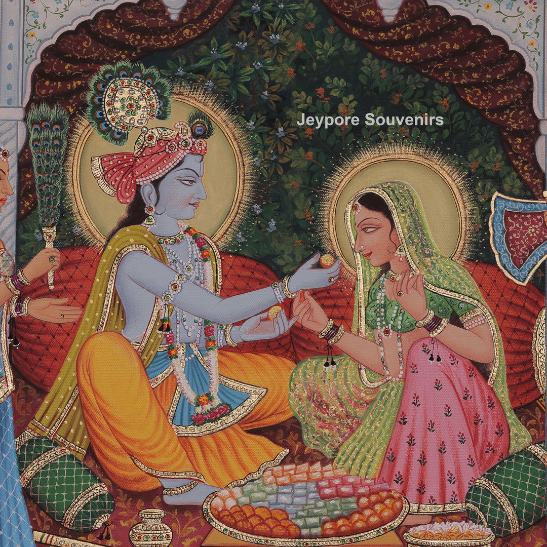 Hand-Painted Radha Krishna Canvas Painting with Gopi&