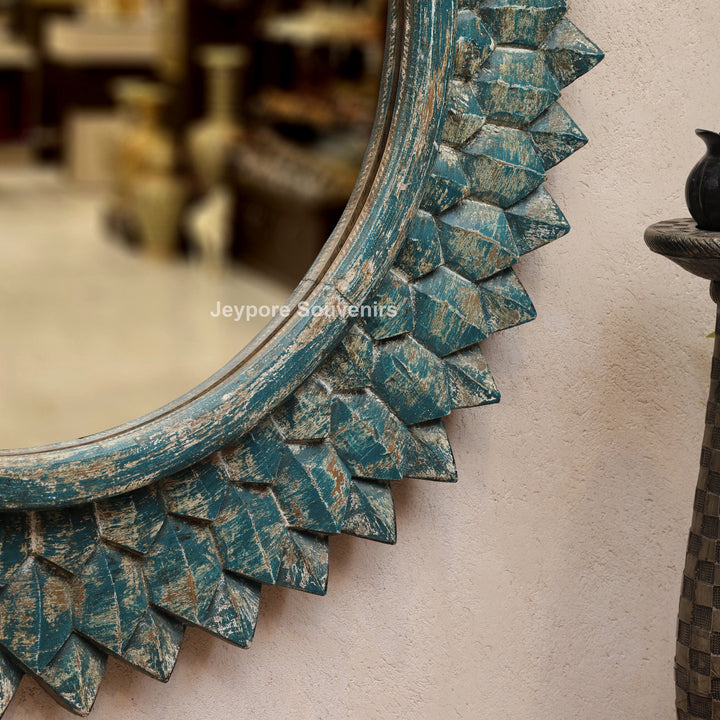 Hand-Carved Round Wooden Wall Mirror with Distressed Blue Finish