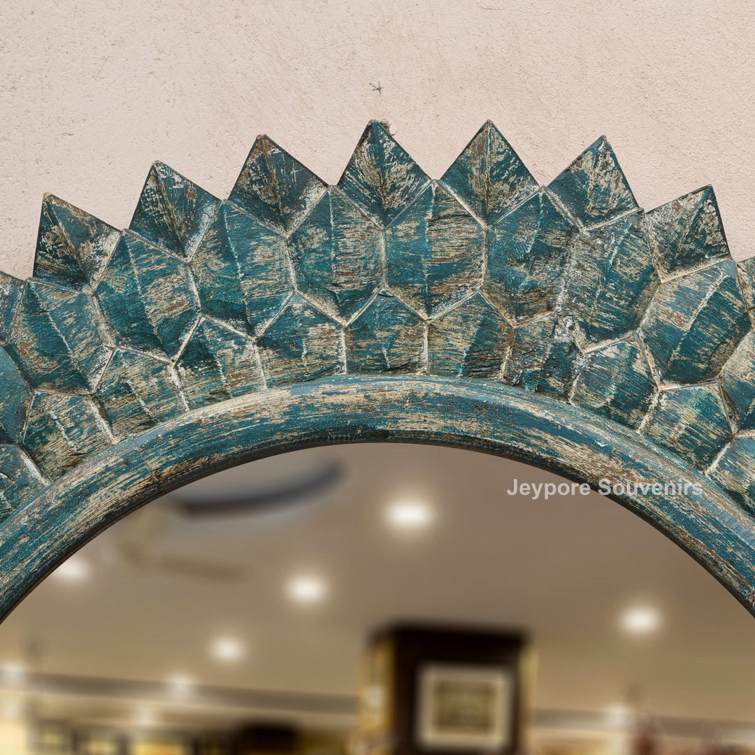 Hand-Carved Round Wooden Wall Mirror with Distressed Blue Finish