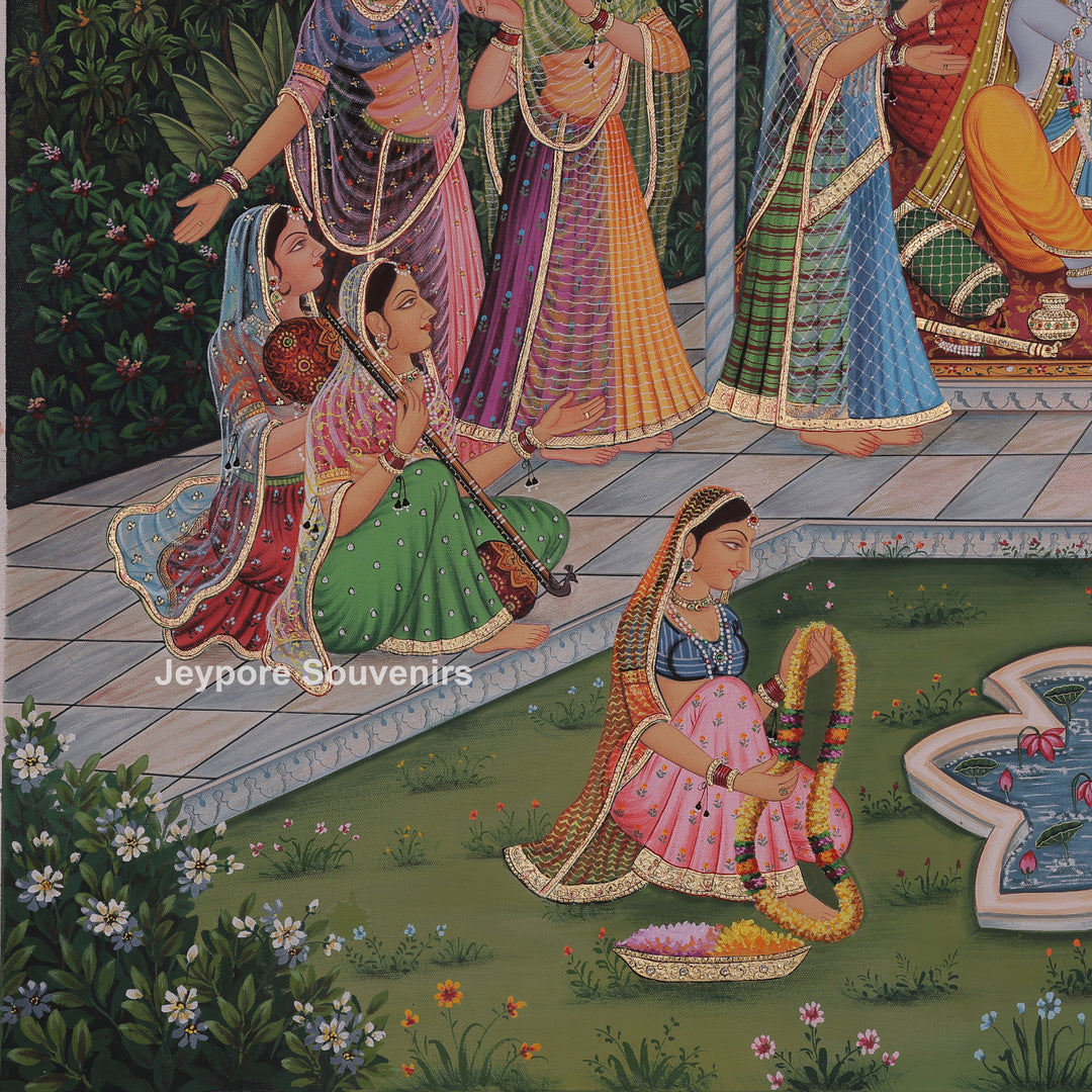 Hand-Painted Radha Krishna Canvas Painting with Gopi&