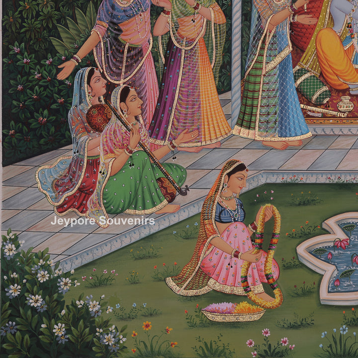 Hand-Painted Radha Krishna Canvas Painting with Gopi&