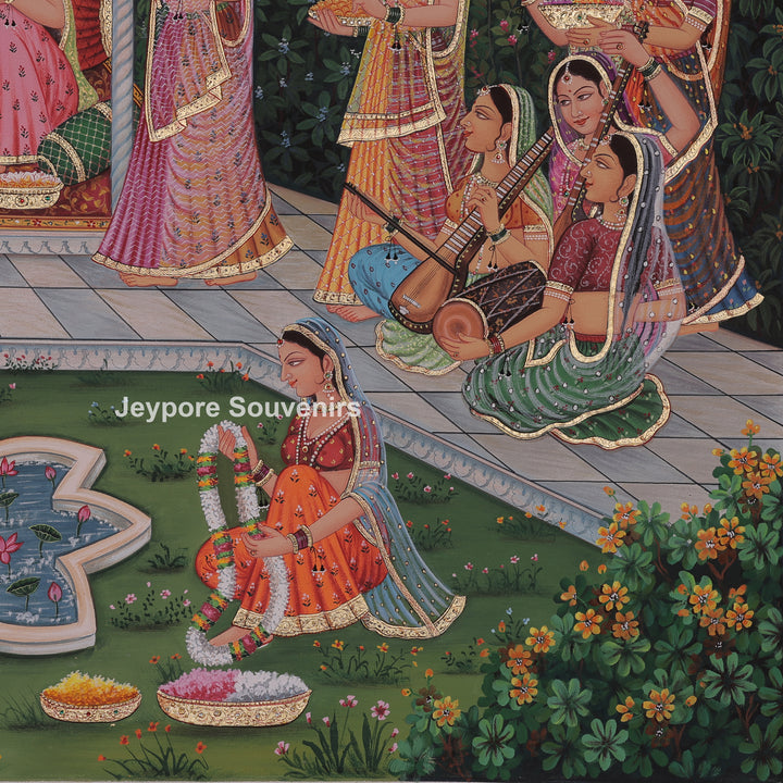 Hand-Painted Radha Krishna Canvas Painting with Gopi&