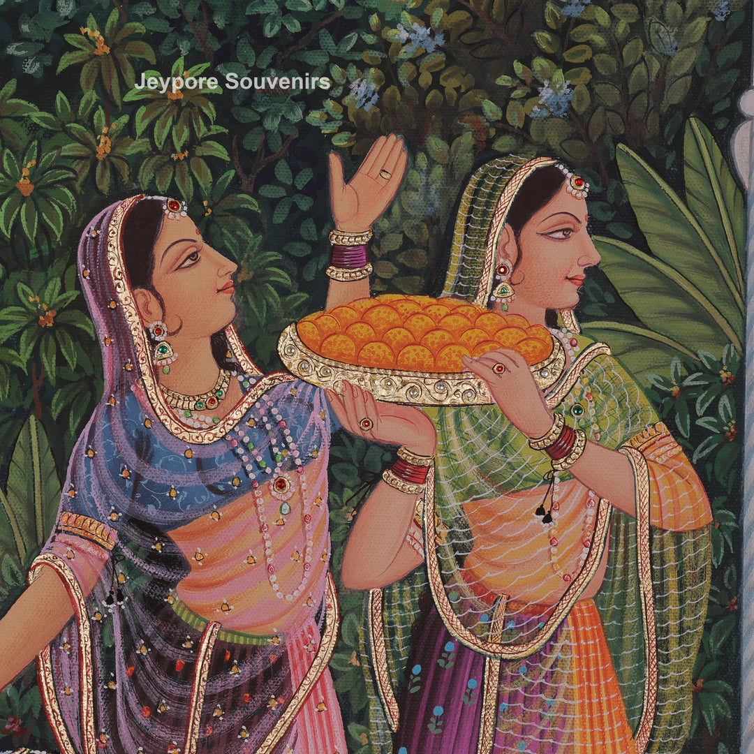 Hand-Painted Radha Krishna Canvas Painting with Gopi&