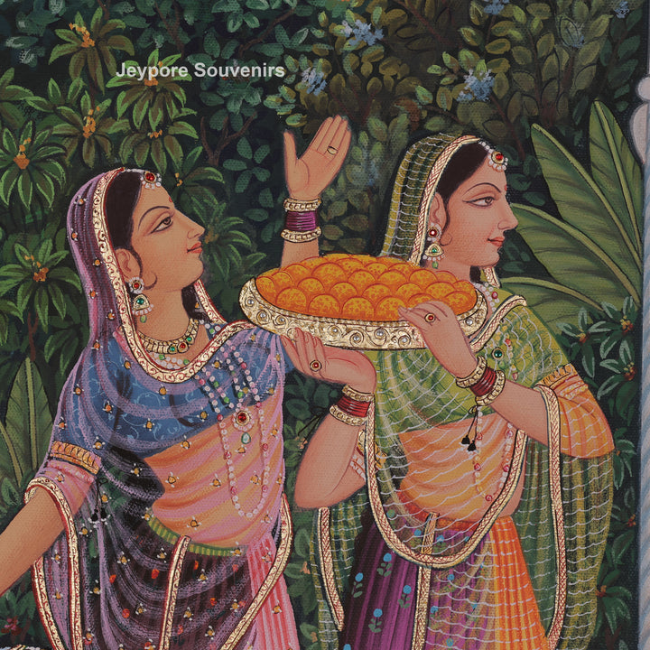 Hand-Painted Radha Krishna Canvas Painting with Gopi&