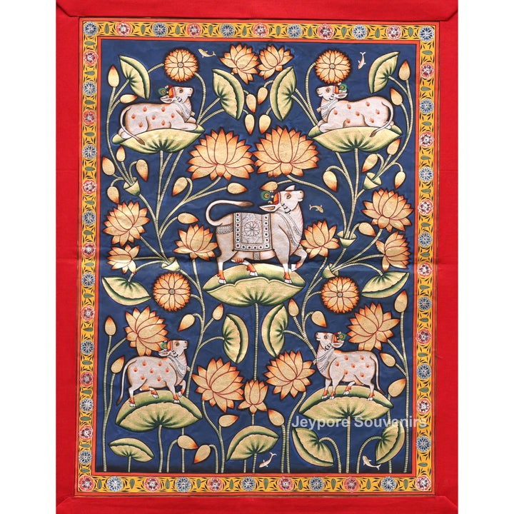 Handmade Pichwai Painting of Sacred Cows &amp; Lotus on Cotton Cloth