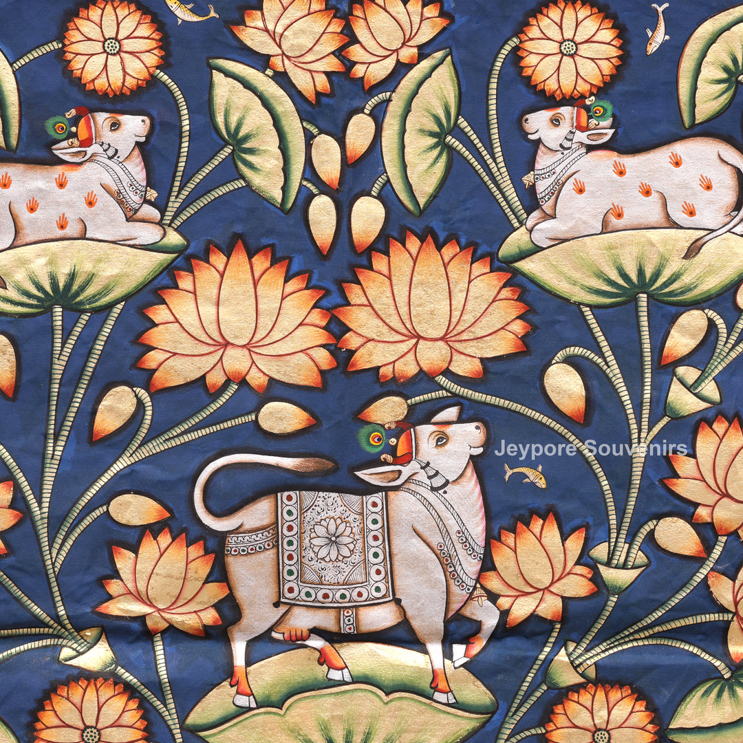 Handmade Pichwai Painting of Sacred Cows &amp; Lotus on Cotton Cloth