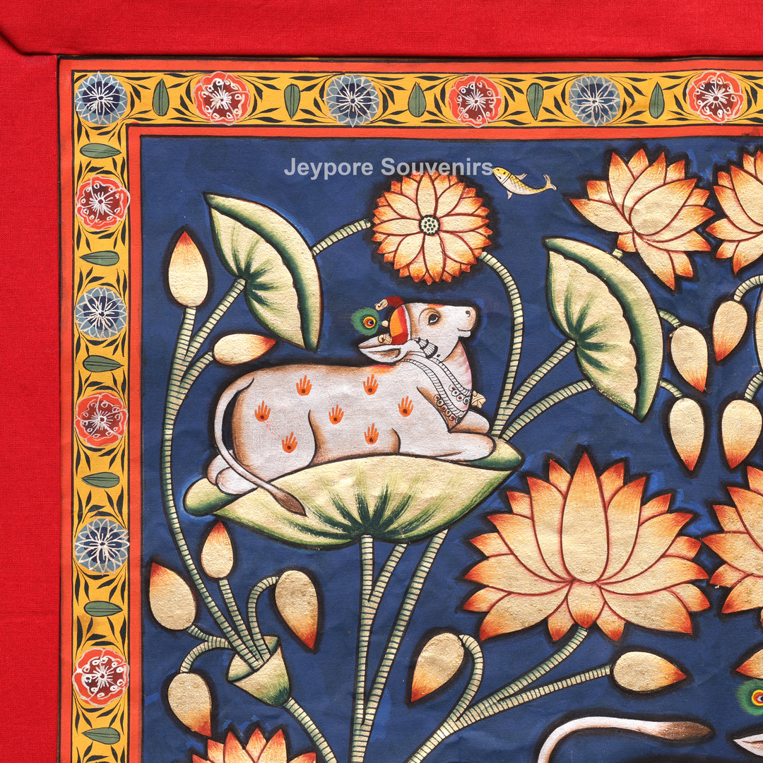 Handmade Pichwai Painting of Sacred Cows &amp; Lotus on Cotton Cloth