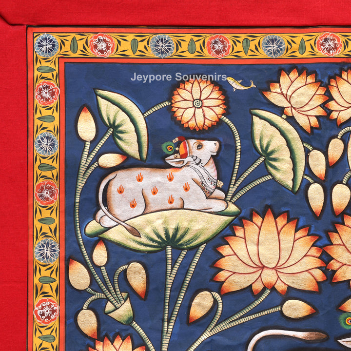 Handmade Pichwai Painting of Sacred Cows &amp; Lotus on Cotton Cloth