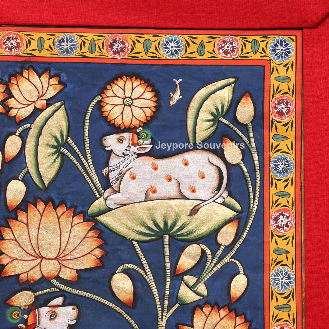 Handmade Pichwai Painting of Sacred Cows &amp; Lotus on Cotton Cloth