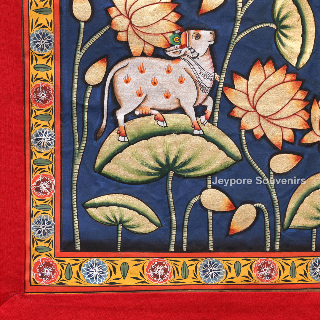 Handmade Pichwai Painting of Sacred Cows &amp; Lotus on Cotton Cloth