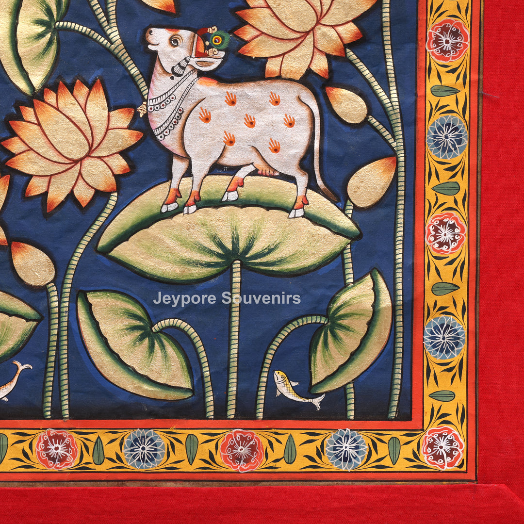 Handmade Pichwai Painting of Sacred Cows &amp; Lotus on Cotton Cloth