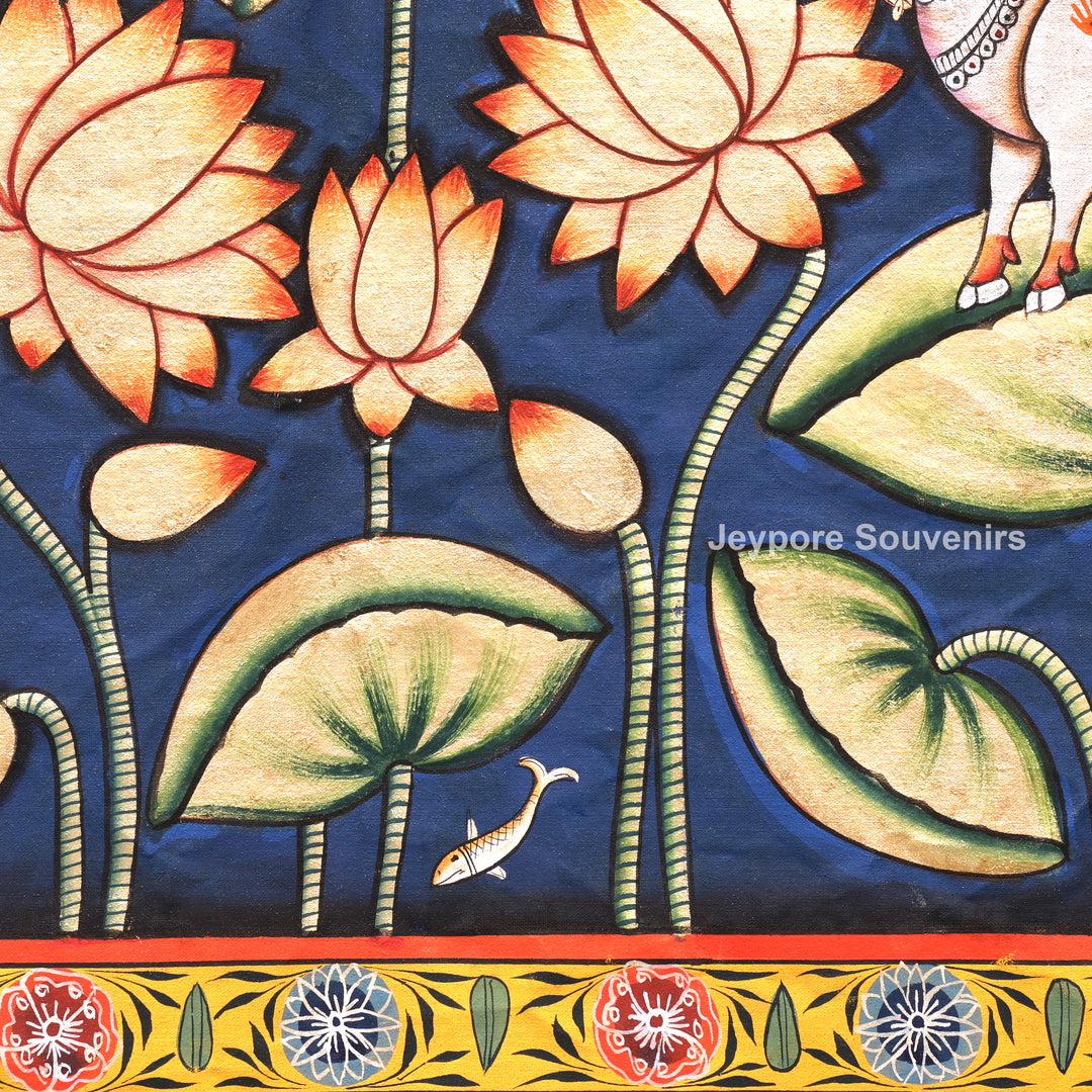 Handmade Pichwai Painting of Sacred Cows &amp; Lotus on Cotton Cloth