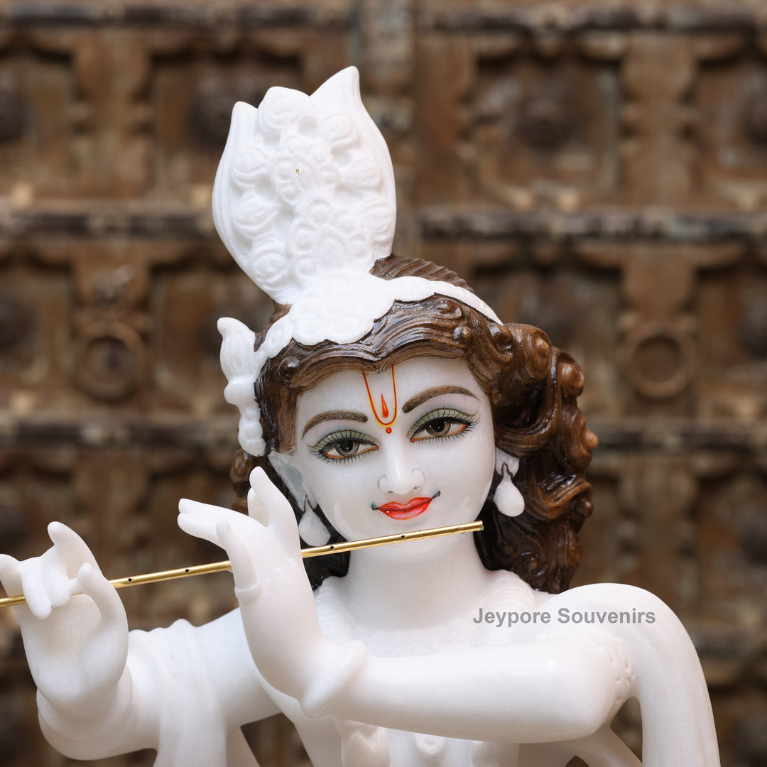 25" Pure White Marble Lord Krishna Idol