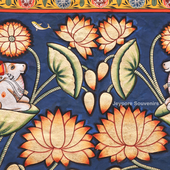 Handmade Pichwai Painting of Sacred Cows &amp; Lotus on Cotton Cloth