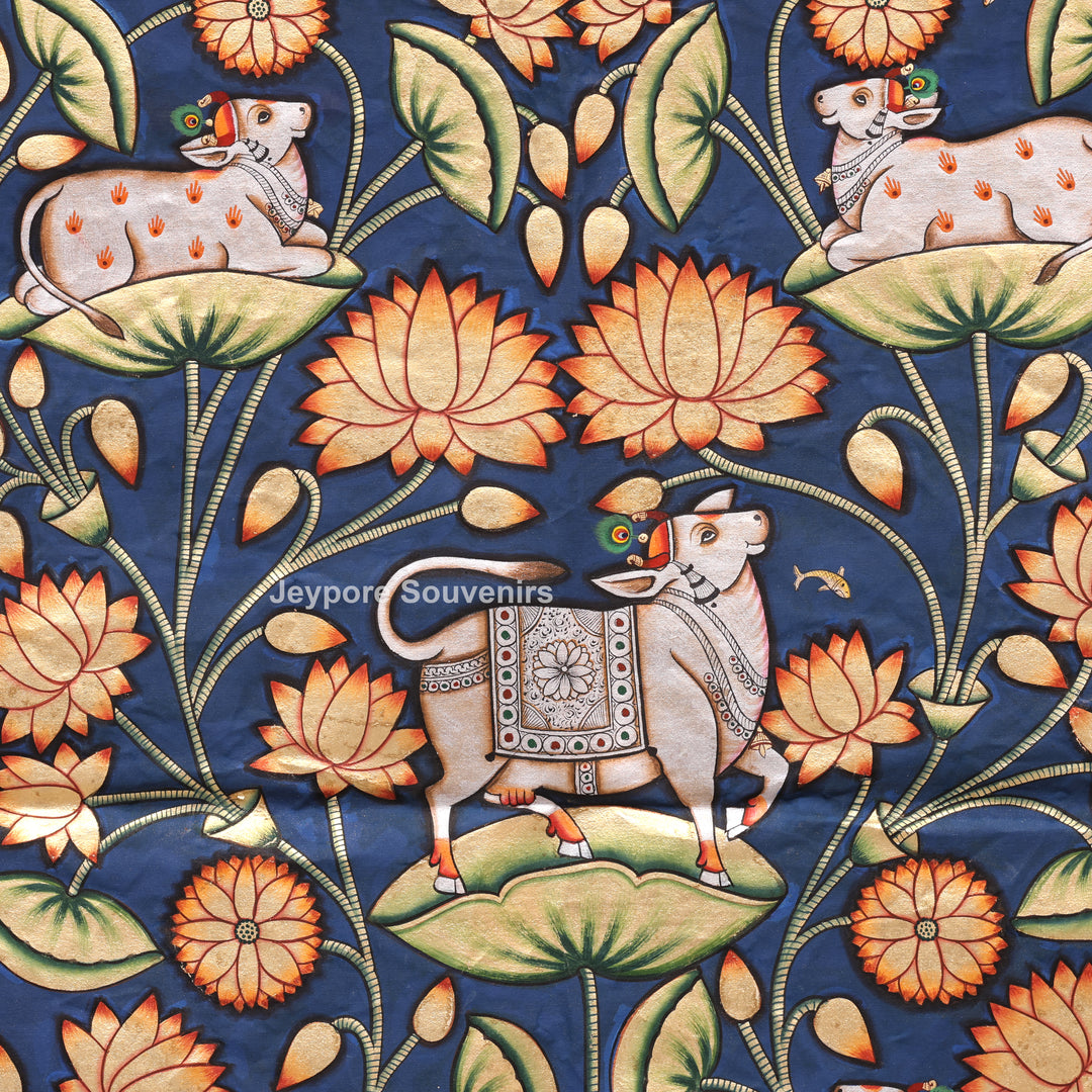 Handmade Pichwai Painting of Sacred Cows &amp; Lotus on Cotton Cloth