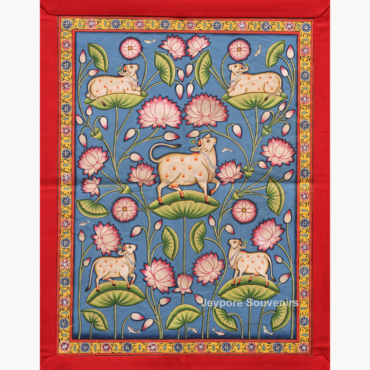 Handcrafted Sacred Cow &amp; Lotus Pond  Pichwai Painting on Cotton Cloth