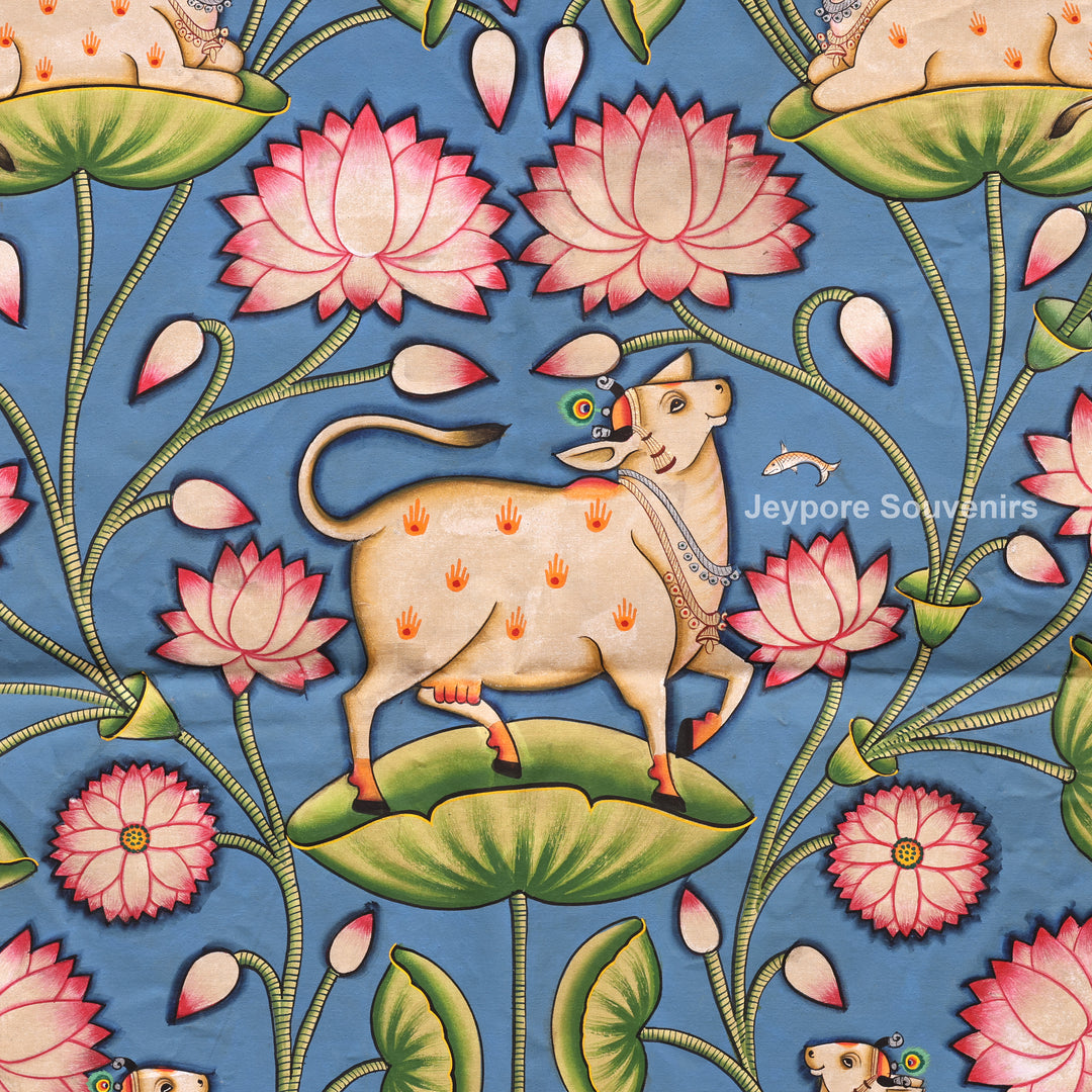 Handcrafted Sacred Cow &amp; Lotus Pond  Pichwai Painting on Cotton Cloth