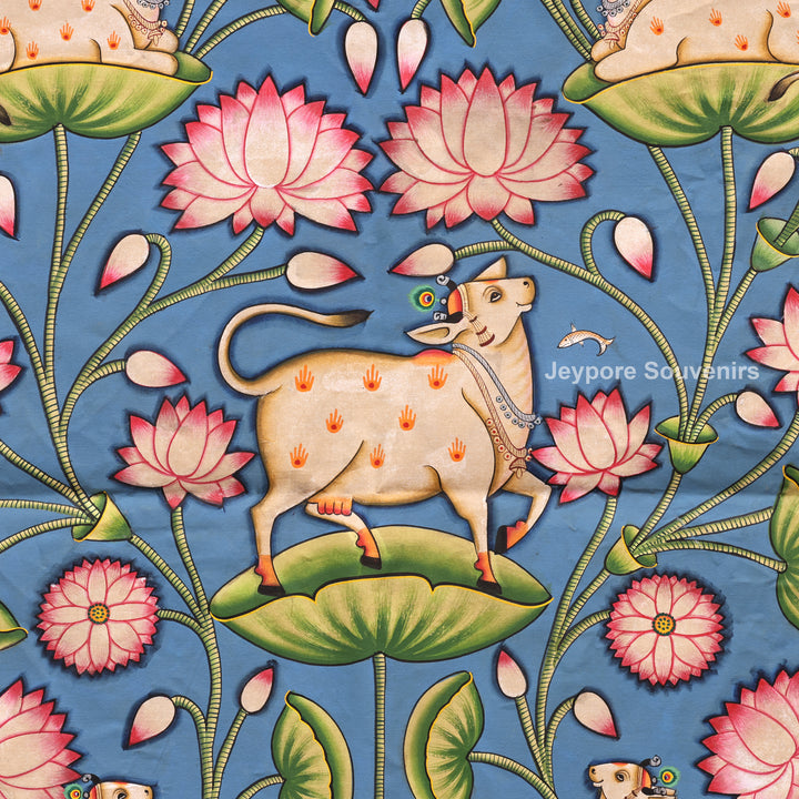 Handcrafted Sacred Cow &amp; Lotus Pond  Pichwai Painting on Cotton Cloth