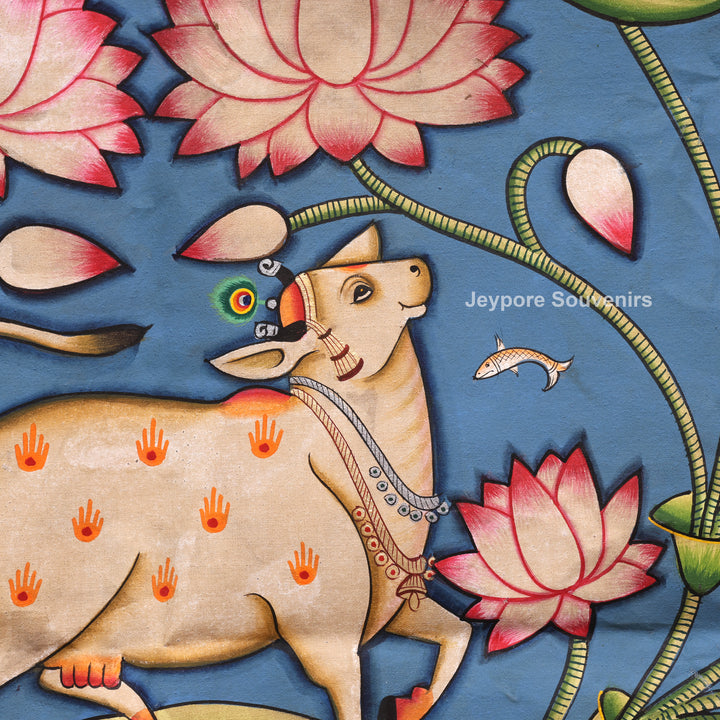 Handcrafted Sacred Cow &amp; Lotus Pond  Pichwai Painting on Cotton Cloth