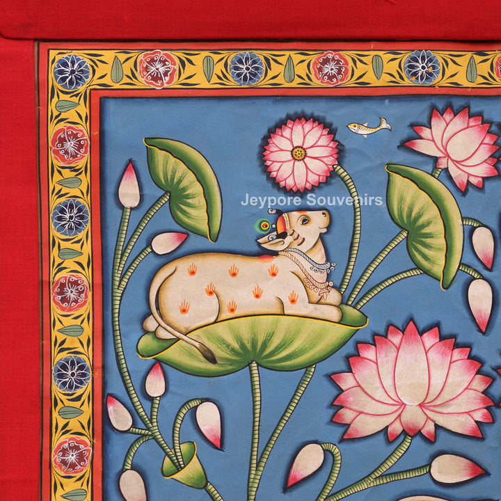 Handcrafted Sacred Cow &amp; Lotus Pond  Pichwai Painting on Cotton Cloth