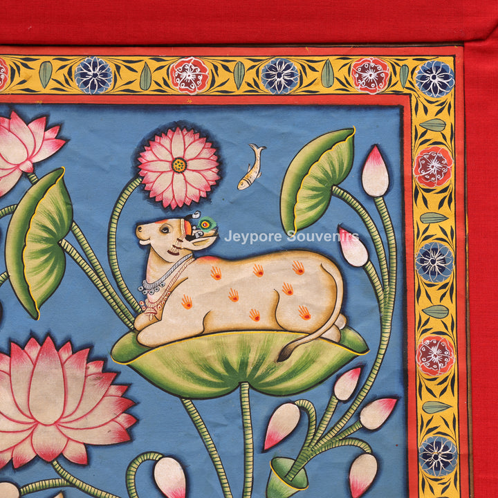 Handcrafted Sacred Cow &amp; Lotus Pond  Pichwai Painting on Cotton Cloth