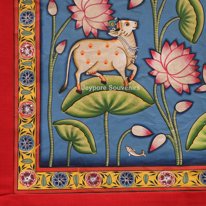Handcrafted Sacred Cow &amp; Lotus Pond  Pichwai Painting on Cotton Cloth