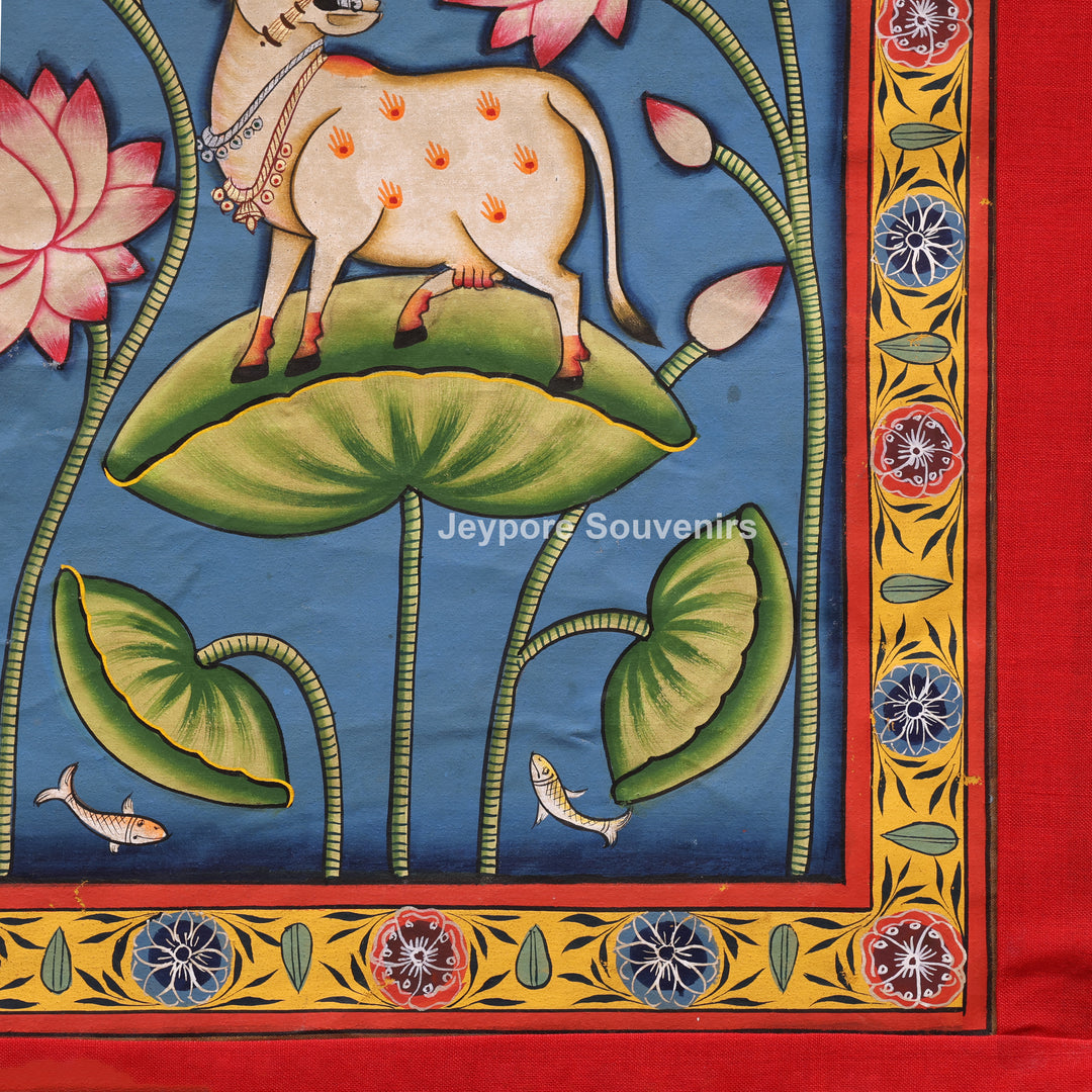Handcrafted Sacred Cow &amp; Lotus Pond  Pichwai Painting on Cotton Cloth