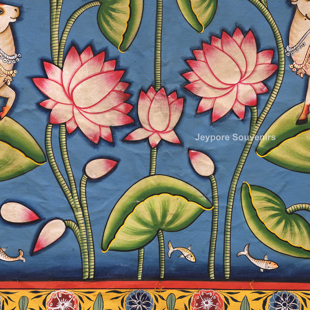 Handcrafted Sacred Cow &amp; Lotus Pond  Pichwai Painting on Cotton Cloth