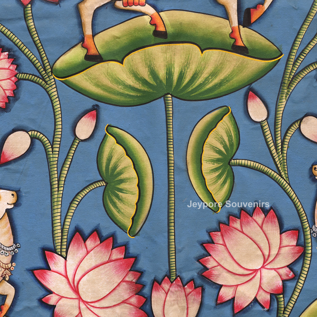 Handcrafted Sacred Cow &amp; Lotus Pond  Pichwai Painting on Cotton Cloth