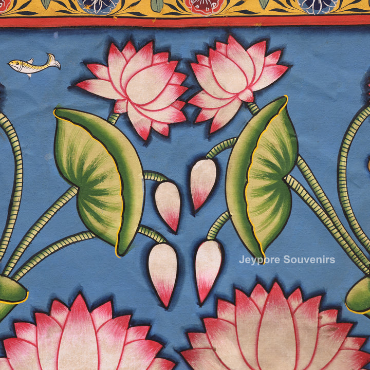 Handcrafted Sacred Cow &amp; Lotus Pond  Pichwai Painting on Cotton Cloth
