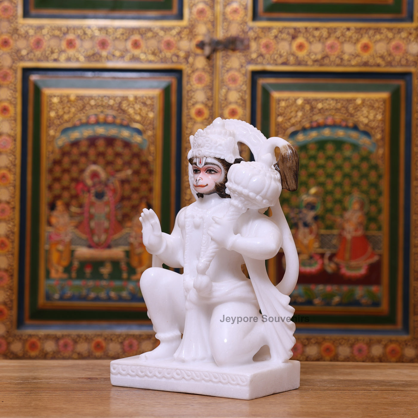 12" Pure White Marble Kneeling Lord Hanuman Murti