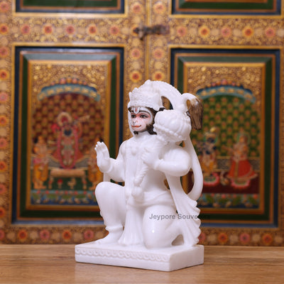 12" Pure White Marble Kneeling Lord Hanuman Murti