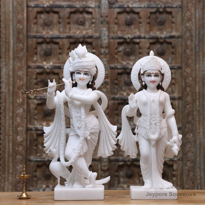 24" Handcrafted Pure White Marble Radha Krishna Statue Pair