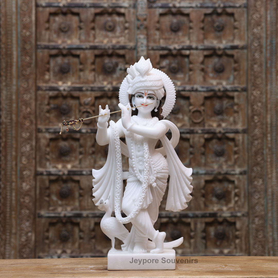 24" Handcrafted Pure White Marble Radha Krishna Statue Pair
