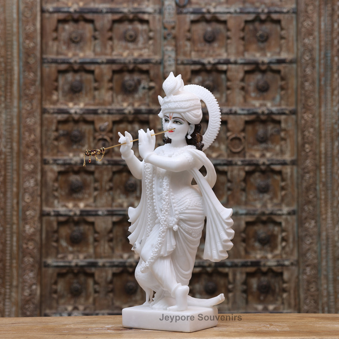 24" Handcrafted Pure White Marble Radha Krishna Statue Pair