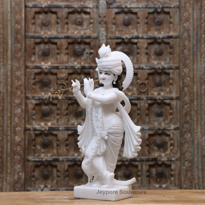 24" Handcrafted Pure White Marble Radha Krishna Statue Pair