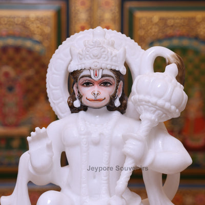 12" Pure White Marble Kneeling Lord Hanuman Murti