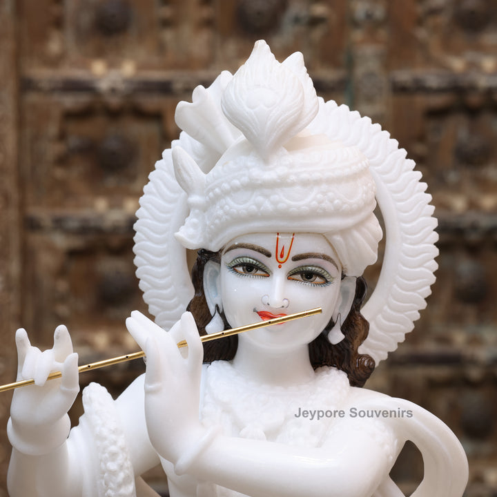 24" Handcrafted Pure White Marble Radha Krishna Statue Pair