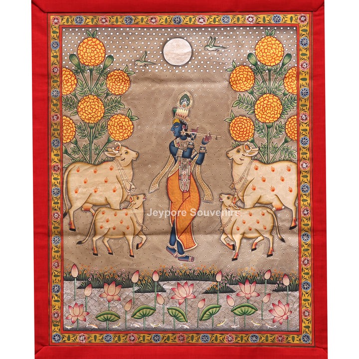 Handcrafted Krishna Flute Pichwai Painting with Cows &amp; Lotus Garden