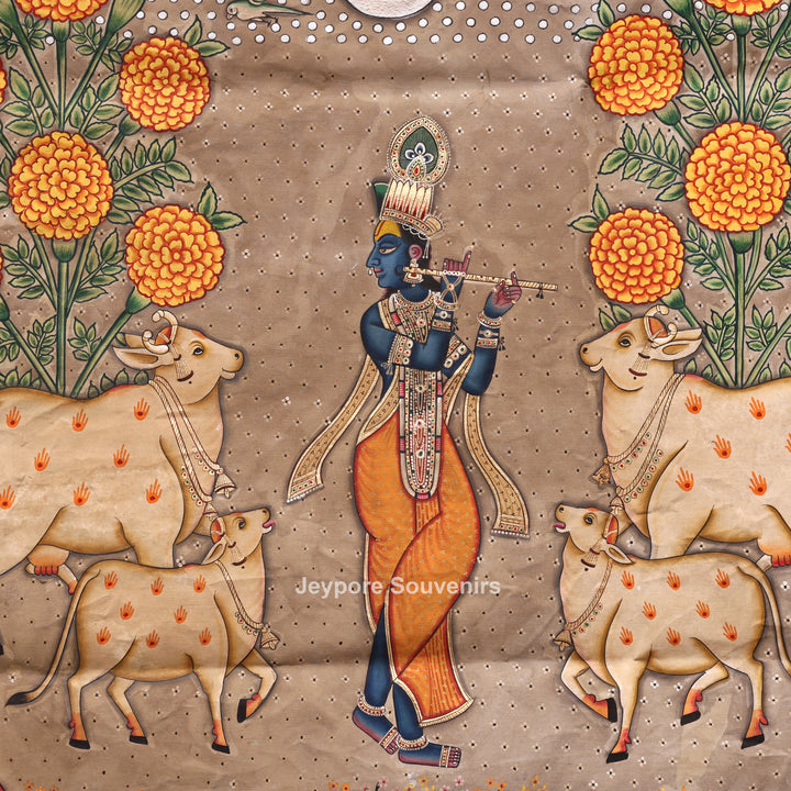 Handcrafted Krishna Flute Pichwai Painting with Cows &amp; Lotus Garden