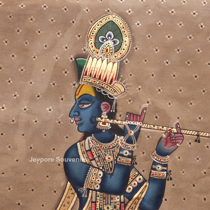 Handcrafted Krishna Flute Pichwai Painting with Cows &amp; Lotus Garden