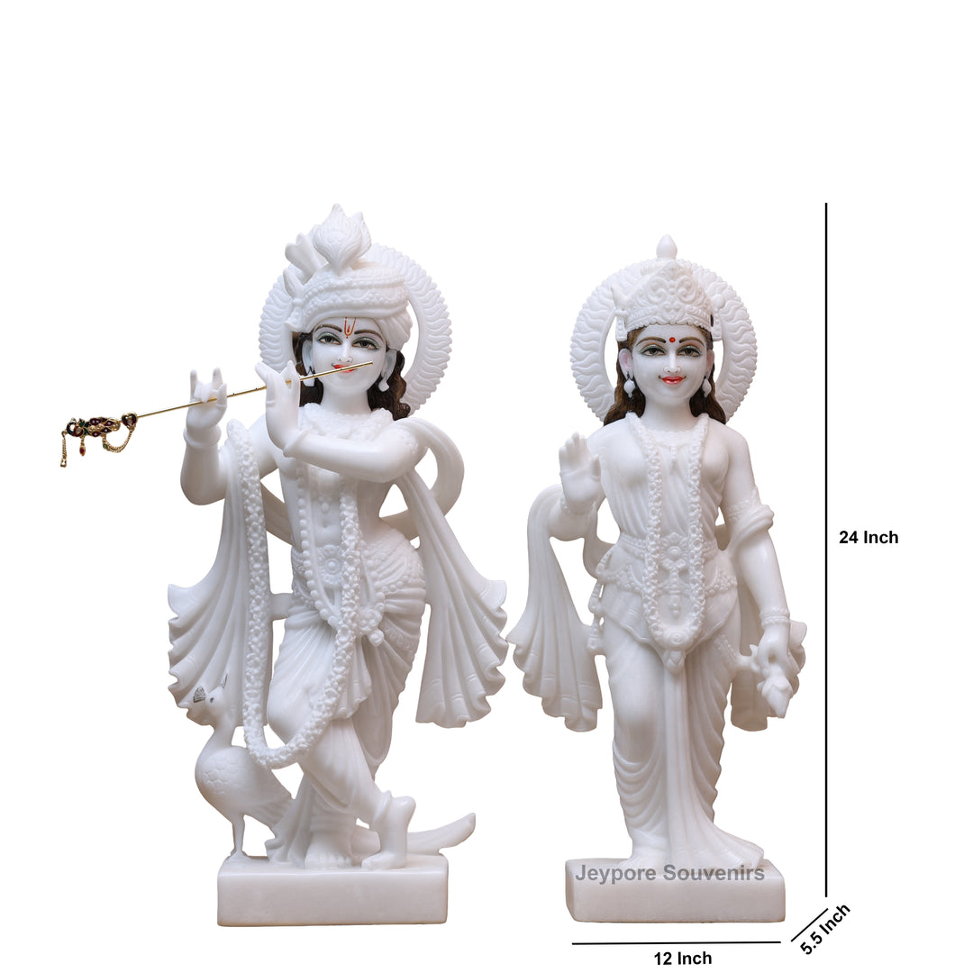 24" Handcrafted Pure White Marble Radha Krishna Statue Pair
