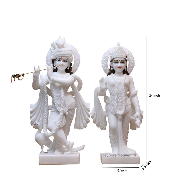 24" Handcrafted Pure White Marble Radha Krishna Statue Pair