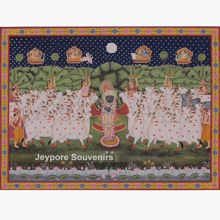 Shrinathji Playing Flute with Cows And People - Hand-Painted Pichwai