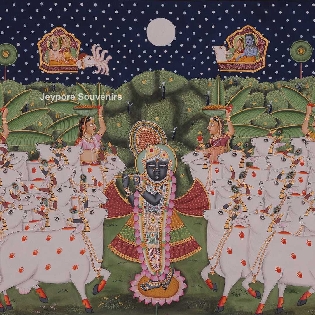 Shrinathji Playing Flute with Cows And People - Hand-Painted Pichwai