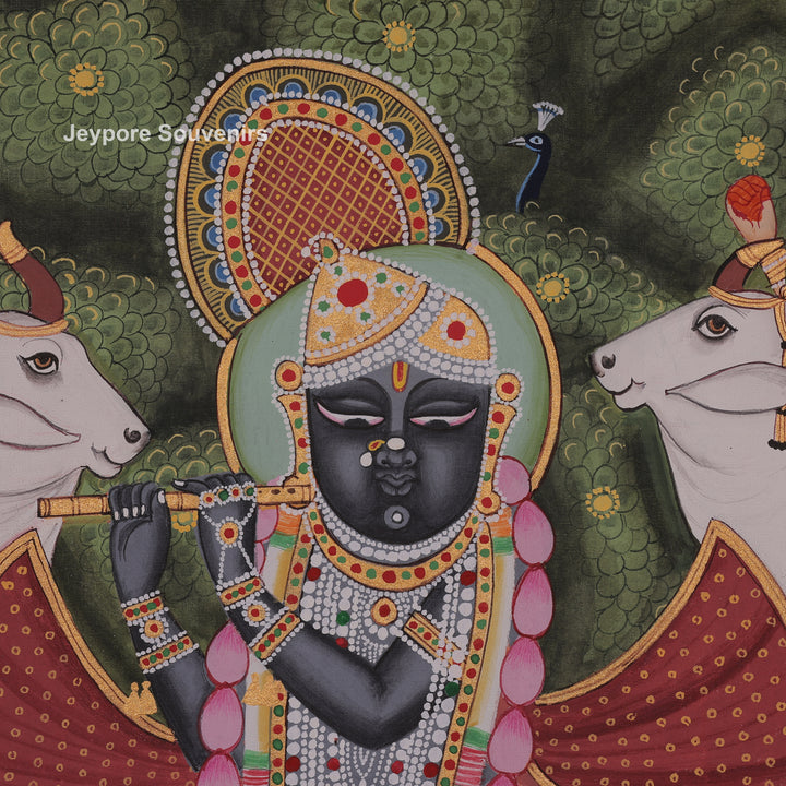 Shrinathji Playing Flute with Cows And People - Hand-Painted Pichwai