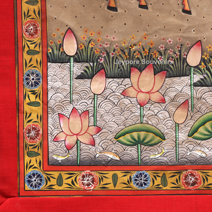 Handcrafted Krishna Flute Pichwai Painting with Cows &amp; Lotus Garden