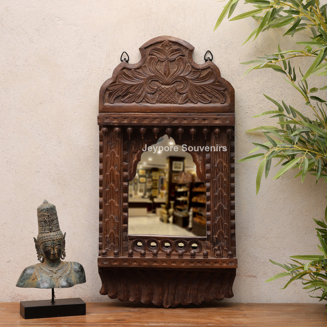 Wooden Single Jharokha Wall Mirror with Rustic Brow Finish