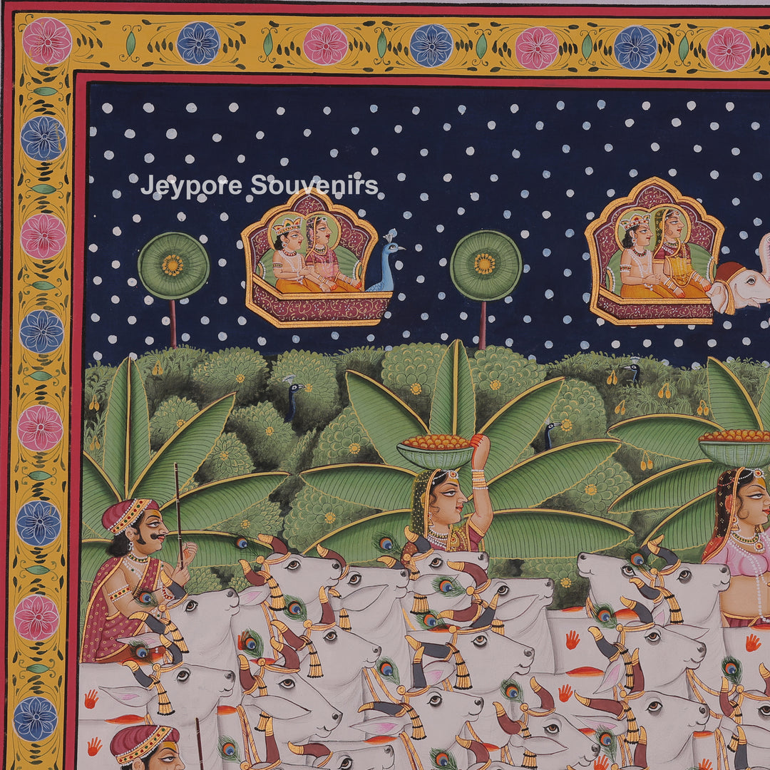 Shrinathji Playing Flute with Cows And People - Hand-Painted Pichwai